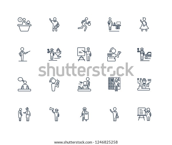 Teacher,\
Businessman, Swat, Marketing Manager, Obstetrician and\
Gynecologist, Superhero, Cashier, Hairdresser, Graphic de, Plumber,\
Thief outline vector icons from 20\
set
