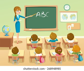 teacher by blackboard with pupils in the classroom. Education illustration. Vector interior. Teacher with pupils in a classroom. Primary school kids. 