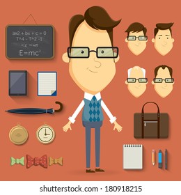 Teacher cartoon character illustration. Vector elements and accessories