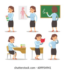 Teacher Cartoon Character Set. Woman with Pointer Behind Chalkboard in School. Vector illustration