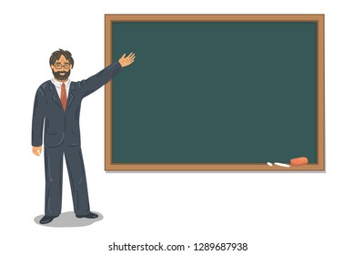 Teacher with chalk near blackboard. School, education illustration with place for your text.