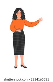 Teacher with chalk pointing with an open hand.