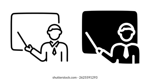 Teacher with chalkboard education icon. Line and silhouette icon.