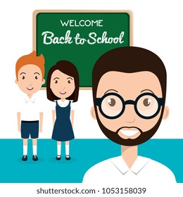 teacher with chalkboard and students