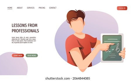 Teacher with chalkboard. Studying, Online training, distance education, e-learning, tutorials and courses. Vector illustration for poster, banner, website.