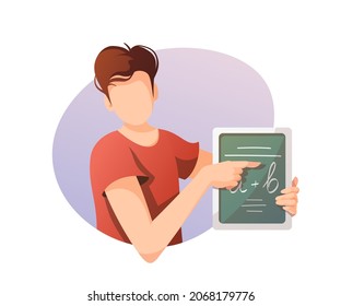 Teacher with chalkboard. Studying, Online training, distance education, e-learning, tutorials and courses. Isolated vector illustration for poster, banner, advertising.