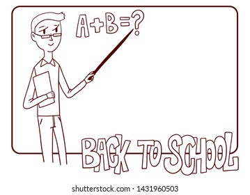 Teacher character at the blackboard school vector illustration outlines hand drawing