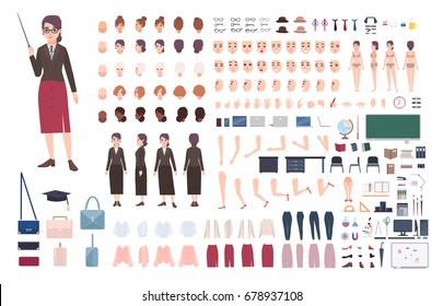 Teacher character constructor. Female lecturer creation set. Various postures, hairstyle, face, legs, hands, accessories, clothes collection. Vector cartoon illustration. Woman front, side, back view.