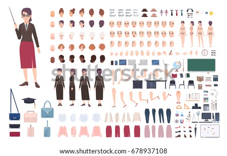 Teacher character constructor. Female lecturer creation set. Various postures, hairstyle, face, legs, hands, accessories, clothes collection. Vector cartoon illustration. Woman front, side, back view.