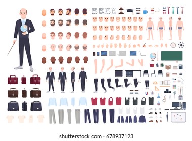 Teacher character constructor. Male lecturer creation set. Different postures, hairstyle, face, legs, hands, accessories, clothes collection. Vector cartoon illustration. Man front, side, back view.