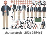 Teacher character constructor. Male scientist or speaker. Set of hands, legs and body positions for creating animations and your own illustrations. DIY kit. Vector illustration in flat style