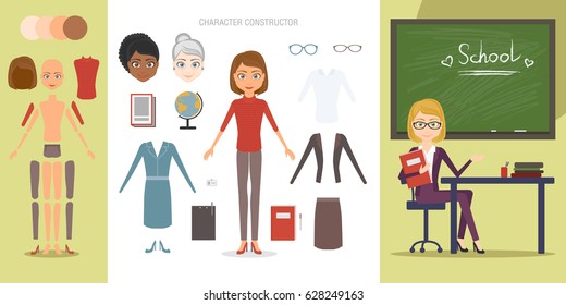 Teacher character constructor set. Cartoon vector flat style infographic illustration. A woman working as a pedagogue of different age and race, variations clothes and items needed in the profession
