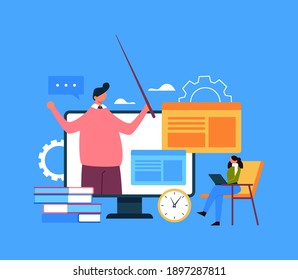 Teacher character explain information student. Online web internet education learning tutorial concept. Vector flat graphic design illustration