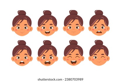 Teacher character heads set. Different moods, facial expressions and feelings. Education and training. Graphic element for website. Cartoon flat vector collection isolated on white background