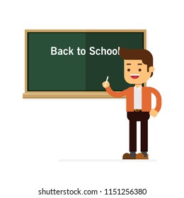 teacher character standing holding chalk on chalkboard background with 'Back to School' sample title