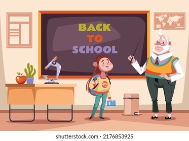 Teacher character standing near blackboard in classroom. Back to school concept. Graphic design element illustration