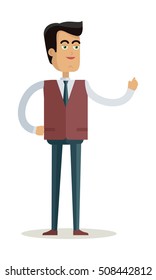 Teacher character vector. Cartoon in flat style design. Smiling man in business suite standing with raised hand. Illustration for study, business concepts, icons, infographics. Isolated on white.