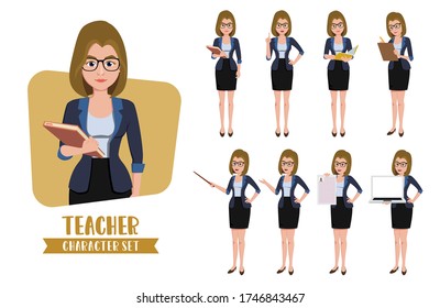 Teacher character vector set. Female teacher characters standing for presentation and education learning with different pose and gestures like teaching, presenting, reading, and writing.