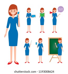 Teacher character working job with gadget.