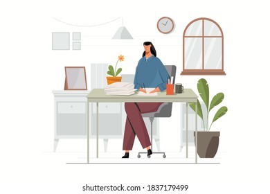 Teacher Checking Student Task. Female teacher checking task at home. Character Vector Illustration.