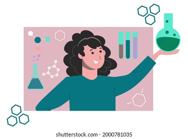 Teacher in chemistry class. Teacher woman character. Chemical experience. Vector cartoon flat illusrtation