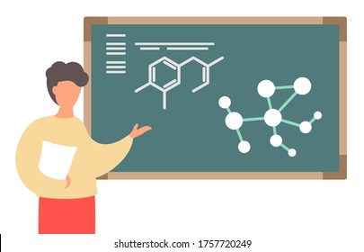 Maestra en clases de química. El hombre señala las fórmulas químicas, los lazos químicos en la junta escolar, explicándolo. Un entrenador que habla de la ciencia, sostiene documentos en mano. Caricatura sin rostro