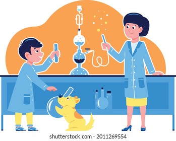 Un profesor y un niño en una clase de química estudian el funcionamiento del aparato Kipp. Química infantil