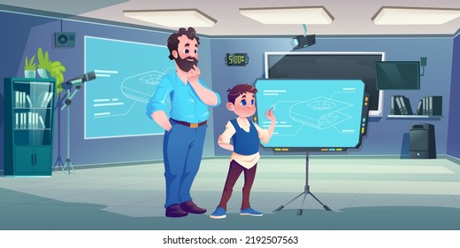 Teacher And Child In Computer Classroom In School Or College. Class Cabinet Interior With Kid Telling Lesson To Private Tutor At Interactive Monitor Or Screen With Scheme, Cartoon Vector