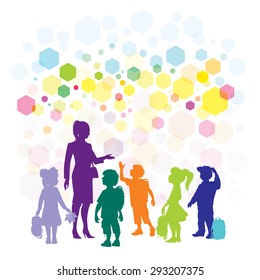 Teacher with children and a beautiful colored background