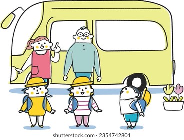 Profesor y niños revisando la seguridad frente al autobús escolar Material de ilustración

