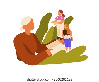 Teacher and children communication, books discussion. School kids and educator. Elementary education, knowledge, child development concept. Flat vector illustration isolated on white background