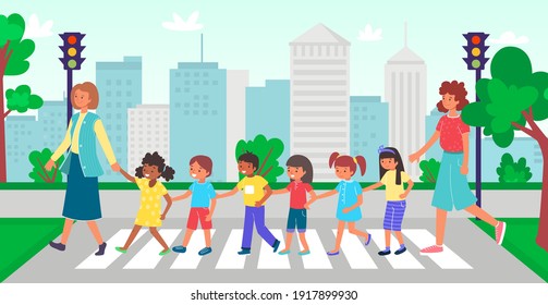 Maestra con niños cruzando la calle, niños caminando, peatones en la calle, al aire libre, diseño de dibujos animados estilo ilustración vectorial. Indicar parada en el semáforo, paso a paso, seguro ir a la escuela.