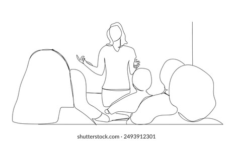 Teacher and children drawn in line art style. Joy. Happy kids line art. World students day line art vector graphic. 