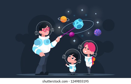 Teacher and children dressed in an astronaut costume, schoolchildren in the planetarium. The concept of a lecture about the planets, an excursion into space. Cartoon characters in a flat style. Vector