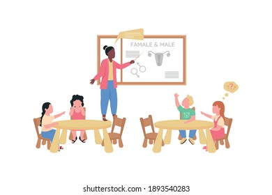 Teacher and children during preschool biology class flat color vector faceless characters. Kindergarten anatomy lesson isolated cartoon illustration for web graphic design and animation