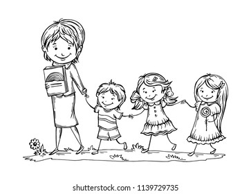 teacher with children holding hands