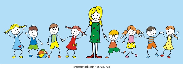 teacher and children, kindergarten, blue background,vector illustration