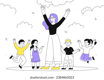 Teacher with children line. Woman with boys and girls walks outdoor. Education and learning. Young girl having fun together with kids. Poster or banner. Linear flat vector illustration