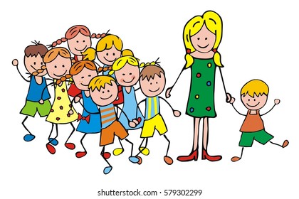 Teacher with children on a trip, vector illustration