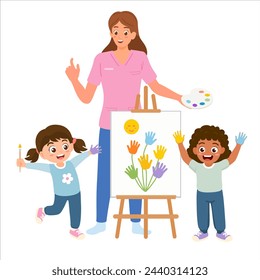 Teacher and children play finger painting in art class. Touch or tactile sensory play for fine motor of hand and fingers good for hand writing skill of kids in school. Flat vector illustration.