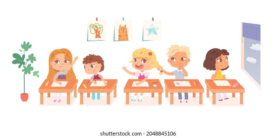 Teacher and children in school classroom, primary education vector illustration. Cartoon kid students study, group of cute boy girl child characters sitting on class lesson at tables background