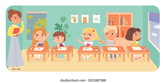 Teacher and children in school classroom, primary education vector illustration. Cartoon kid students study, group of cute boy girl child characters sitting on class lesson at tables background