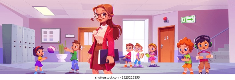 Profesor y niños en el corredor escolar. Ilustración de dibujos animados de Vector de mujer joven en traje y gafas sonriendo, niños felices, niñas jugando a la pelota, usando gadgets en el descanso, taquillas y puertas del aula