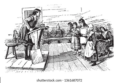 A teacher with children in school, vintage line drawing or engraving illustration