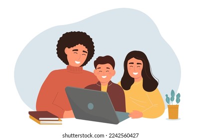 El profesor y los niños están sentados en la laptop. La familia se comunica, juega en el ordenador. Enseñando a los estudiantes en línea, a distancia. Gráficos vectoriales.