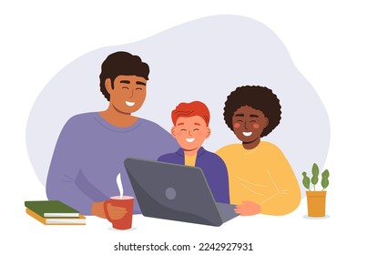 The teacher and the children are sitting at the laptop. The family communicates together, plays at the computer. Teaching students online, remotely. Vector graphics.
