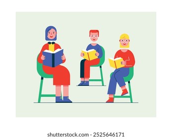 The teacher and the children are sitting and reading together, learning with fun. Character design. Vector flat illustration