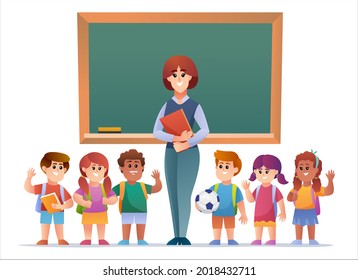 Teacher and children students in front of blackboard illustration