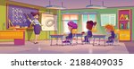 Teacher and children students on math lesson in school classroom. Diverse kids learning mathematics in class room with blackboard, tables and placards, vector illustration in contemporary style