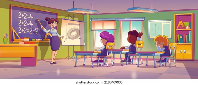 Teacher and children students on math lesson in school classroom. Diverse kids learning mathematics in class room with blackboard, tables and placards, vector illustration in contemporary style